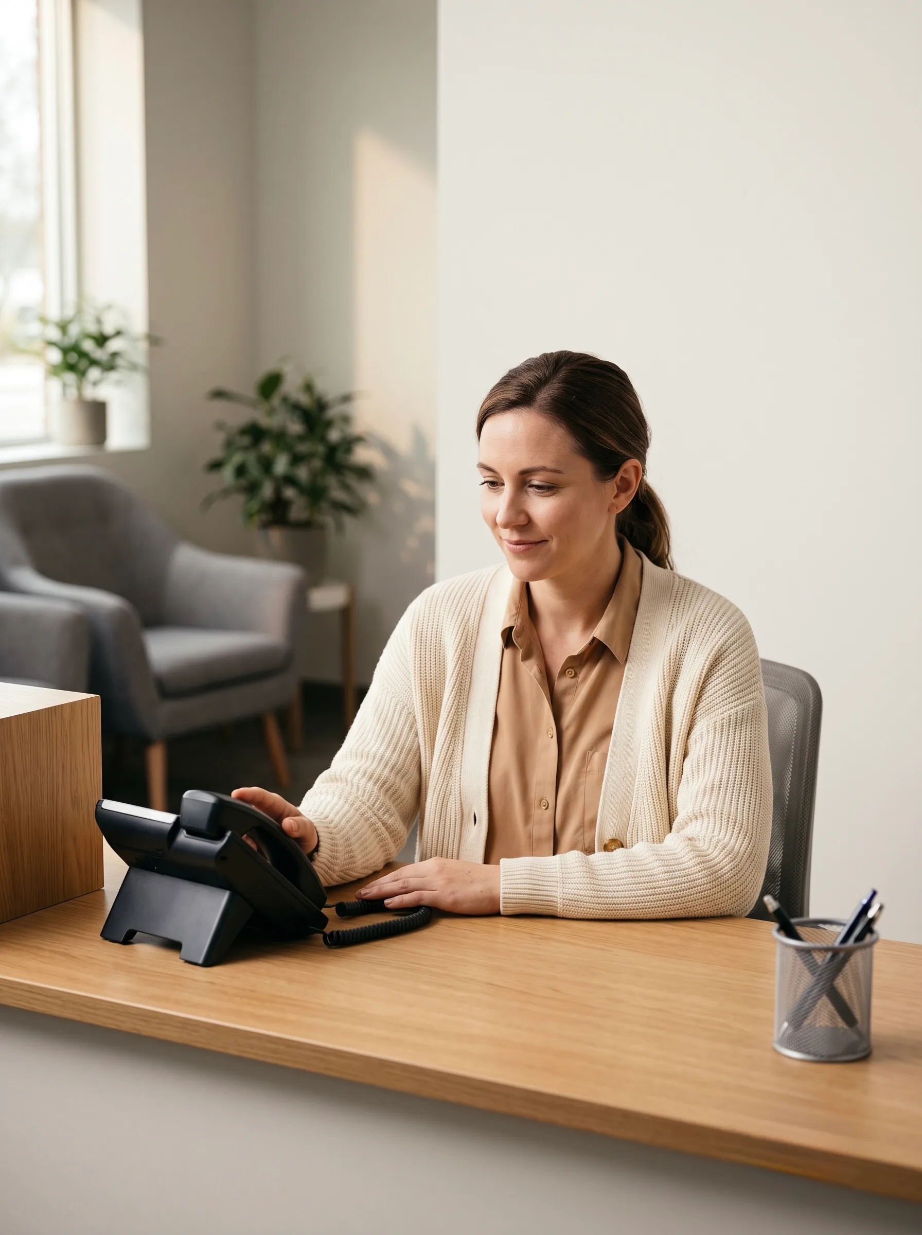 A receptionist at a dental practice, having just finished a call